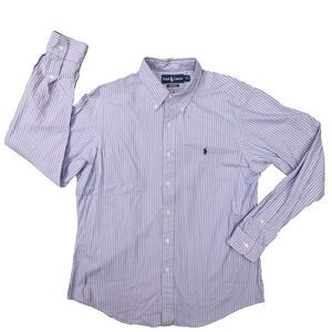 Ralph Lauren Men's Blue Stripe Custom Fit Long Sleeve Button Up Shirt size Large